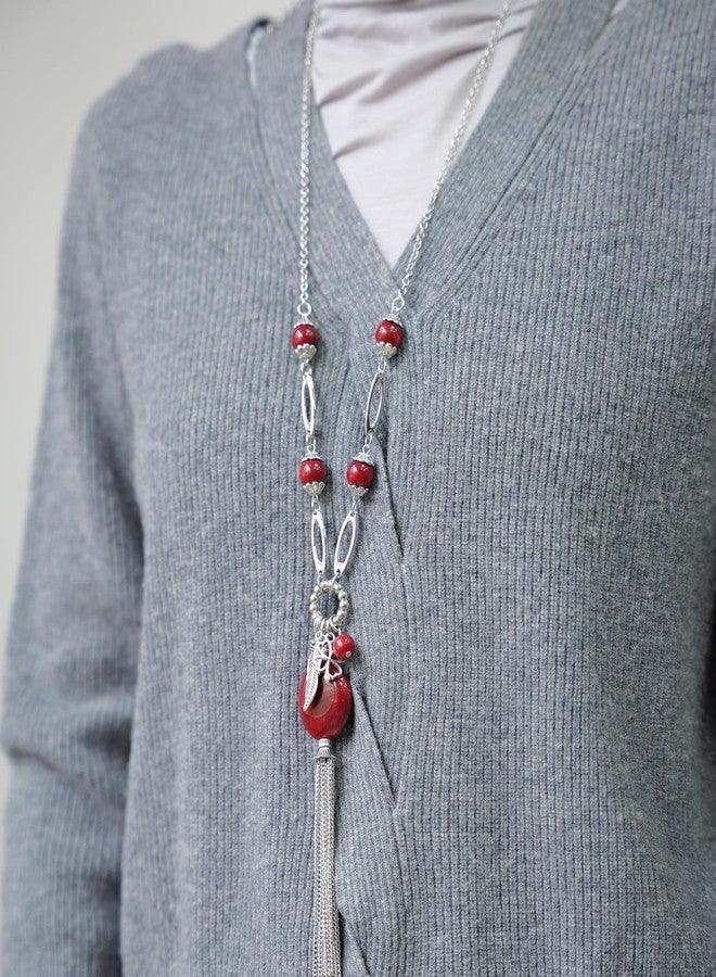 BULINLIN Long Chunky Pendant Necklaces for Women Silver Tassel Sweater Chain with Beaded Pendant Birthday Gifts for Mom Fashion Costume Jewelry(Dark Red) - Image 5